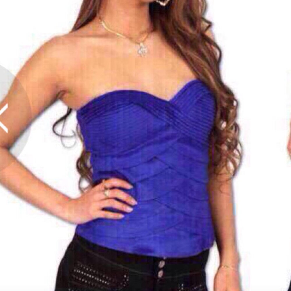 Bebe Strapless Royal Blue Corset Fitted Button-Front Top - Picture 2 of 10